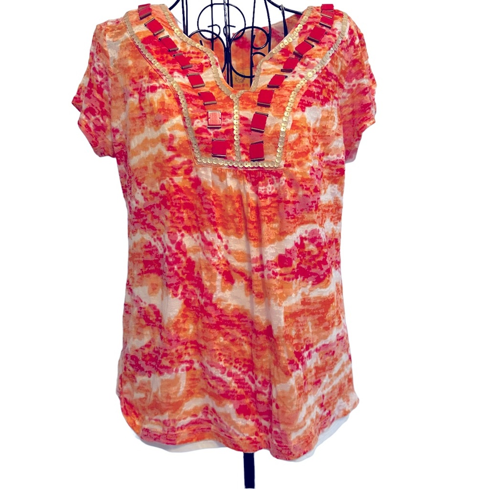 Ruby Road petite medium top. Red/orange shirt sleeve excellent condition.